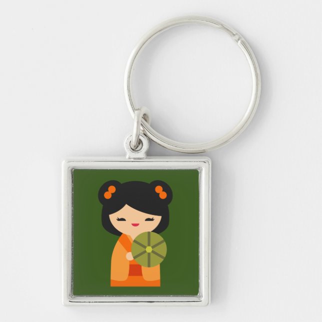 Cute orange Kokeshi Japanese dolls Key Ring (Front)