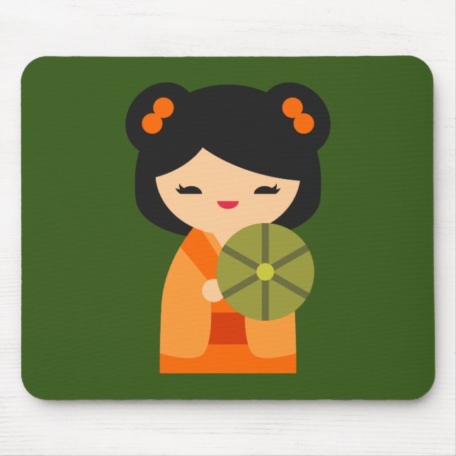 Cute orange Kokeshi Japanese dolls Mouse Mat (Front)