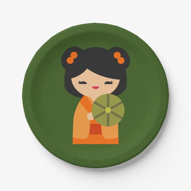 Cute orange Kokeshi Japanese dolls Paper Plate (Front)