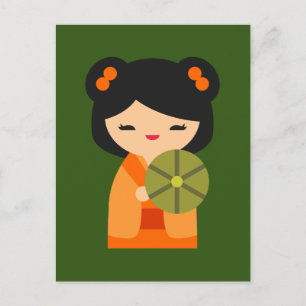 Cute orange Kokeshi Japanese dolls Postcard
