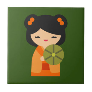 Cute orange Kokeshi Japanese dolls Tile