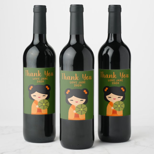 Cute orange Kokeshi Japanese dolls Wine Label (Bottles)