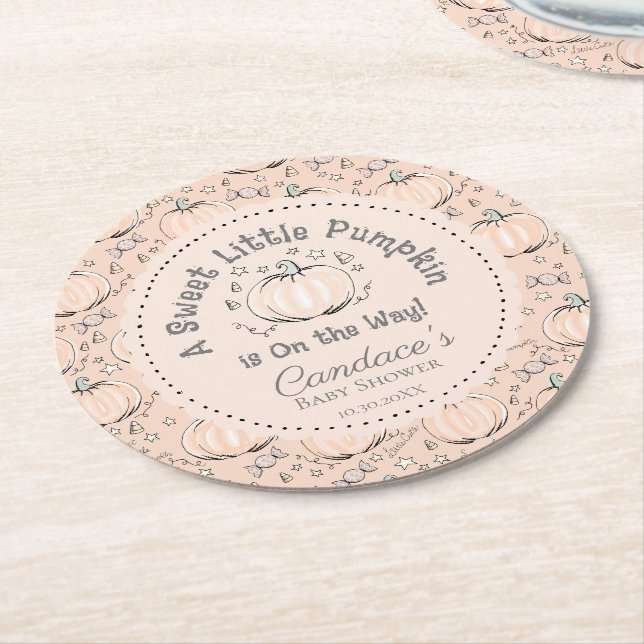 Cute Orange Little Pumpkin Fall Baby Shower Round Paper Coaster (Angled)