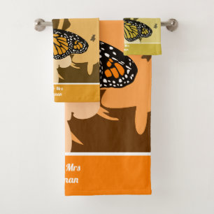 Cute Orange Mr & Mrs Monarch Butterfly Pair Bath Towel Set
