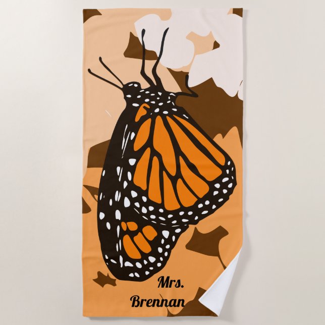 Cute Orange Mrs Name Monarch Butterfly Beach Towel (Front)