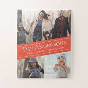 Cute Orange Multi Photo Collage Family Name Jigsaw Puzzle