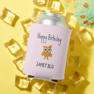 Cute orange owl happy birthday on pink can cooler