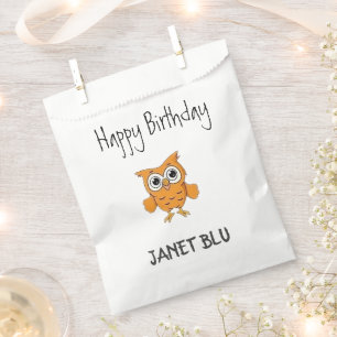Cute orange owl happy birthday on white favour bags