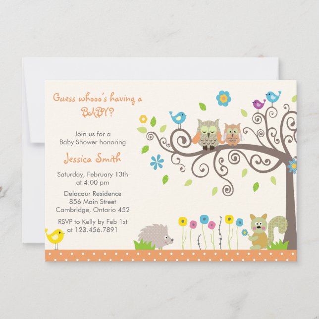Cute Orange Owl Neutral Baby Shower Invitations (Front)