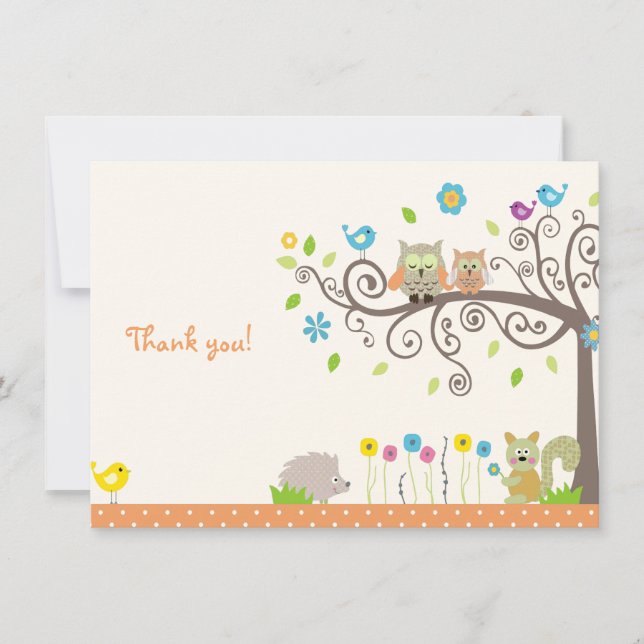 Cute Orange Owl Neutral Baby Shower Thank You Card (Front)