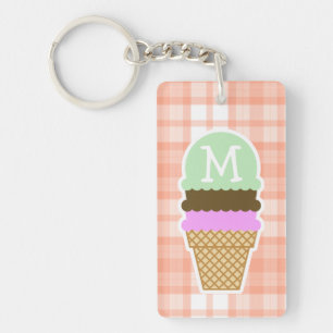 Cute Orange Plaid; Ice Cream Cone Key Ring