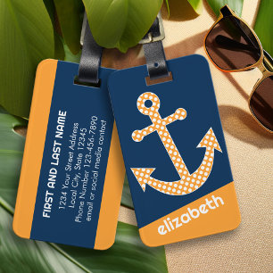 Cute Orange Polka Dot Anchor with Navy Custom Name Luggage Tag