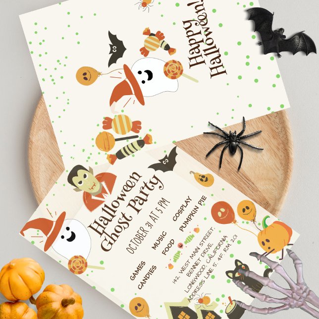 Cute Orange Pumpkin Bat Ghost Kids Halloween Party Invitation (Creator Uploaded)