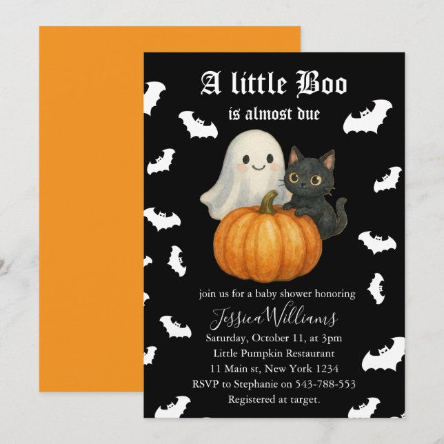 Cute Orange Pumpkin Cat Bats Halloween Baby Shower Invitation (Front/Back)