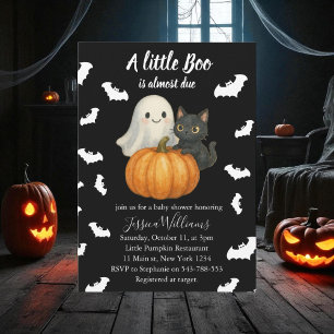 Cute Orange Pumpkin Cat Bats Halloween Baby Shower Invitation