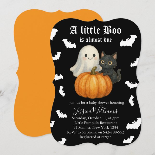 Cute Orange Pumpkin Cat Bats Halloween Baby Shower Invitation (Front/Back)