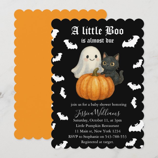 Cute Orange Pumpkin Cat Bats Halloween Baby Shower Invitation (Front/Back)