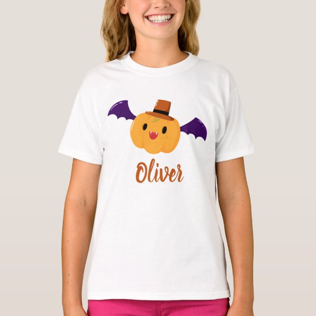 Cute Orange Pumpkin Custom Name Halloween T-Shirt (Front)