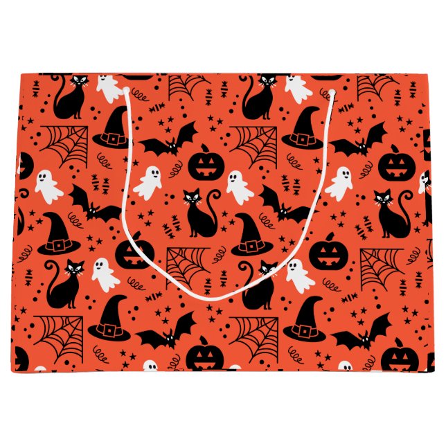 Cute Orange Pumpkin Ghost Halloween Pattern Large Gift Bag (Front)