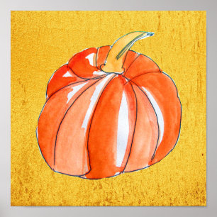 Cute orange pumpkin golden autumn kitchen art poster