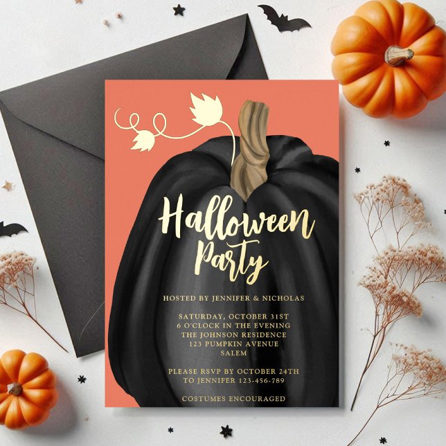 Cute Orange Pumpkin Halloween Gold  (Cute Orange Pumpkin Halloween Gold Foil Invitation)