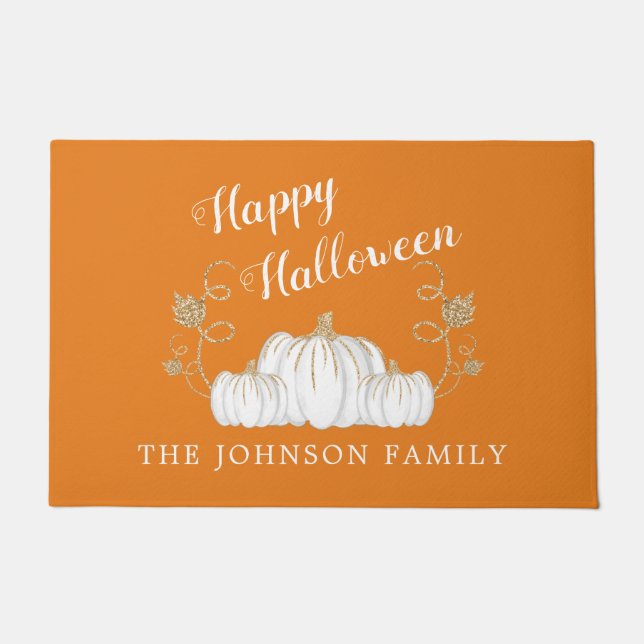 Cute Orange Pumpkin Happy Halloween  Doormat (Front)