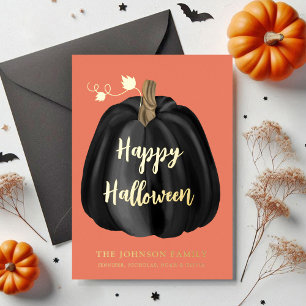 Cute Orange Pumpkin Happy Halloween Gold Foil Holiday Card