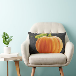 Cute Orange Pumpkin On Black Grey Chalkboard Lumbar Cushion