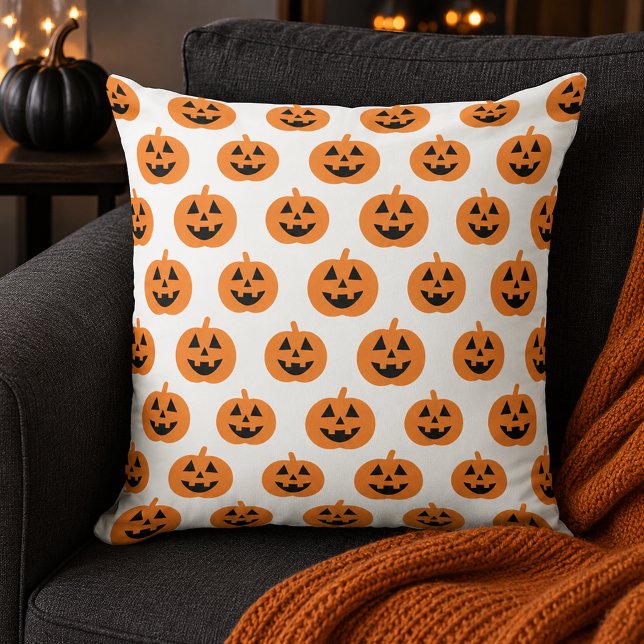 Cute Orange Pumpkin Pattern on White Halloween Cushion (Creator Uploaded)