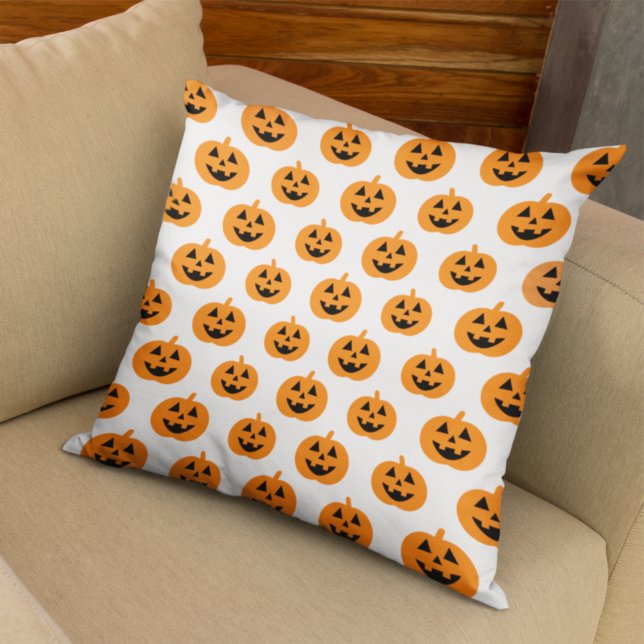 Cute Orange Pumpkin Pattern on White Halloween Cushion (Creator Uploaded)