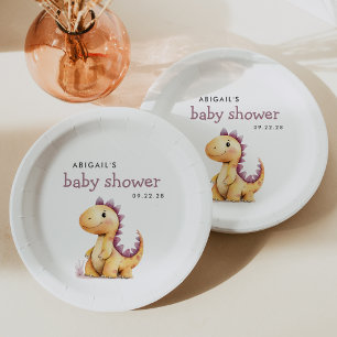 Cute Orange Purple Dinosaur Baby Shower Paper Plate