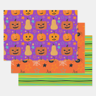 Cute Orange Purple Green Fun Halloween Pattern Wrapping Paper Sheet