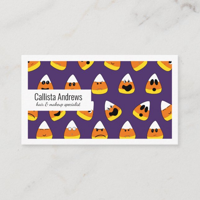 Cute Orange Purple Halloween Emoji Candy Corn Business Card (Front)