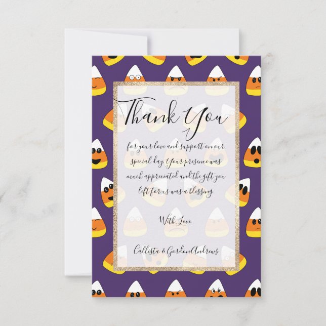 Cute Orange Purple Halloween Emoji Candy Corn Thank You Card (Front)