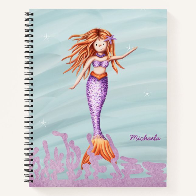 Cute Orange Purple Mermaid Illustration Notebook (Front)