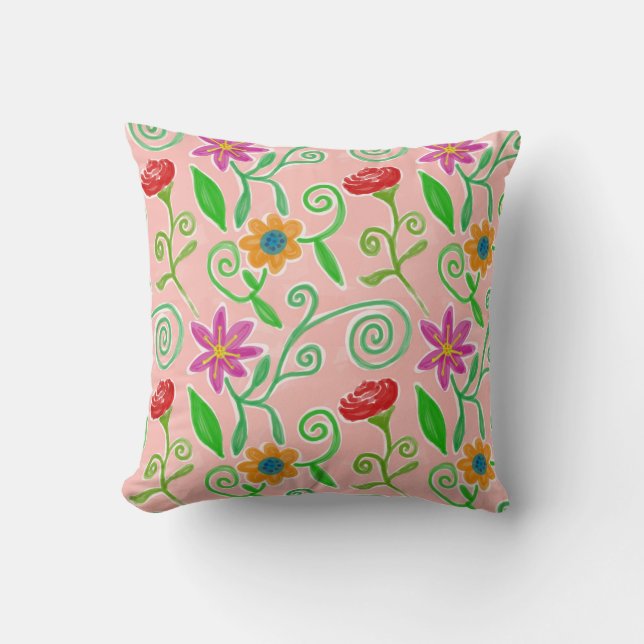 Cute Orange, Red & Purple Floral Pattern Cushion (Front)