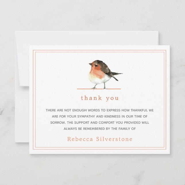 Cute Orange Robin Simple Elegant Funeral Thank You Card (Front)