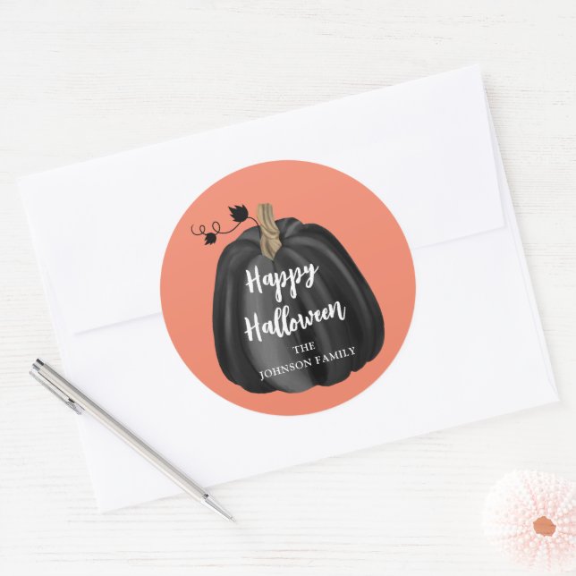 Cute Orange Script Pumpkin Happy Halloween Classic Round Sticker (Envelope)
