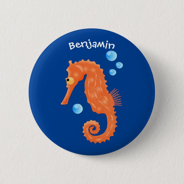 Cute orange seahorse bubbles cartoon illustration 6 cm round badge (Front)