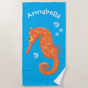 Cute orange seahorse bubbles cartoon illustration beach towel