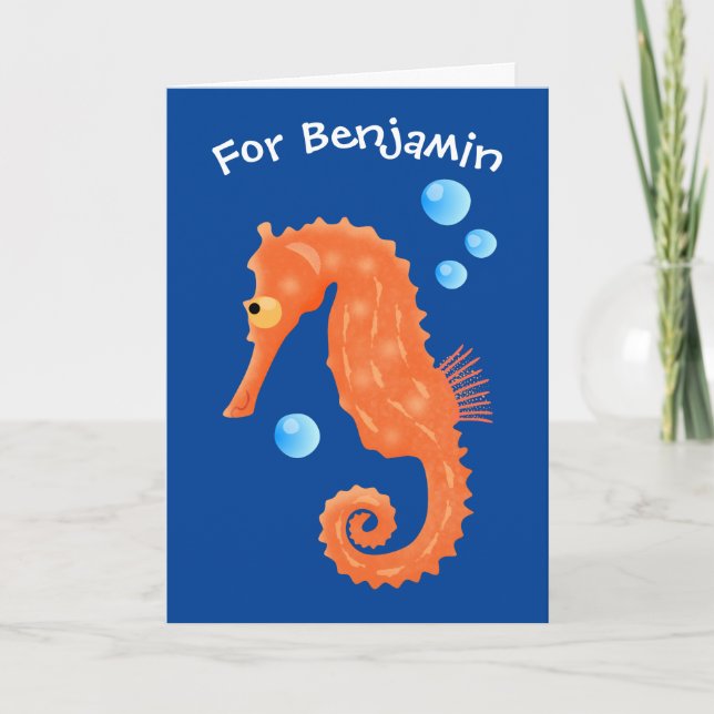 Cute orange seahorse bubbles cartoon illustration card (Front)
