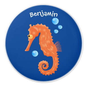 Cute orange seahorse bubbles cartoon illustration ceramic knob