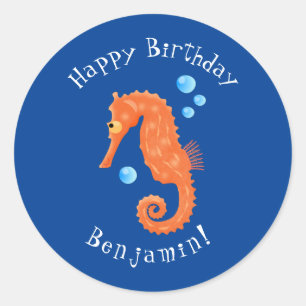 Cute orange seahorse bubbles cartoon illustration classic round sticker