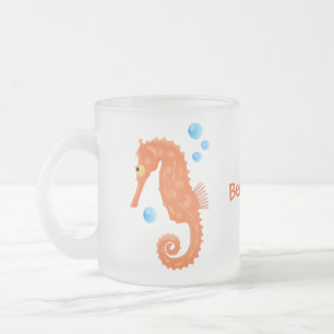 Cute orange seahorse bubbles cartoon illustration frosted glass coffee mug