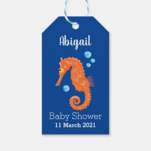 Cute orange seahorse bubbles cartoon illustration gift tags