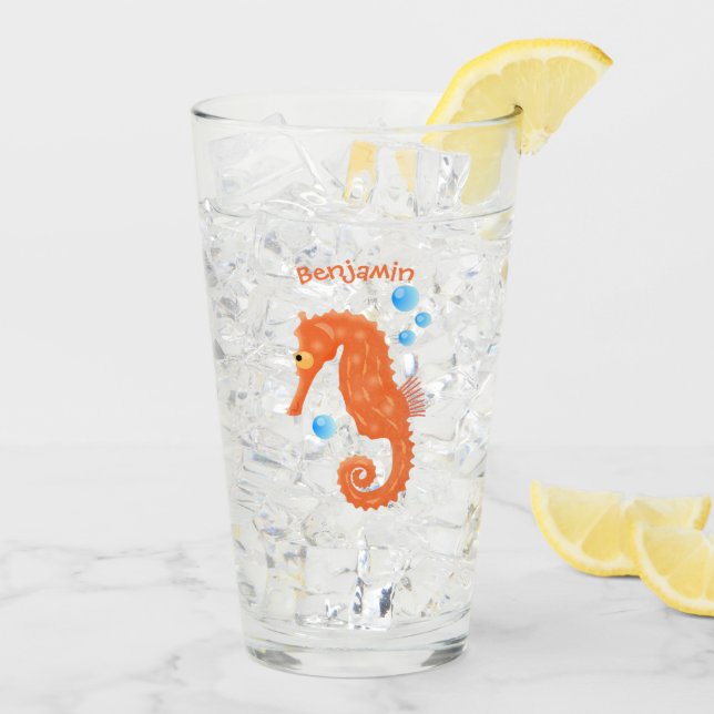 Cute orange seahorse bubbles cartoon illustration glass (Back Ice)