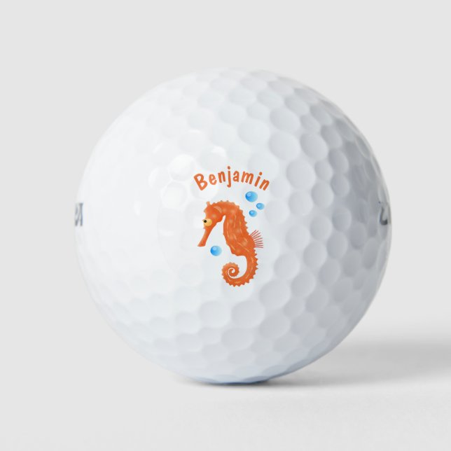 Cute orange seahorse bubbles cartoon illustration golf balls (Front)