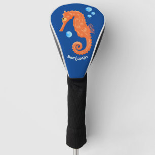 Cute orange seahorse bubbles cartoon illustration golf head cover