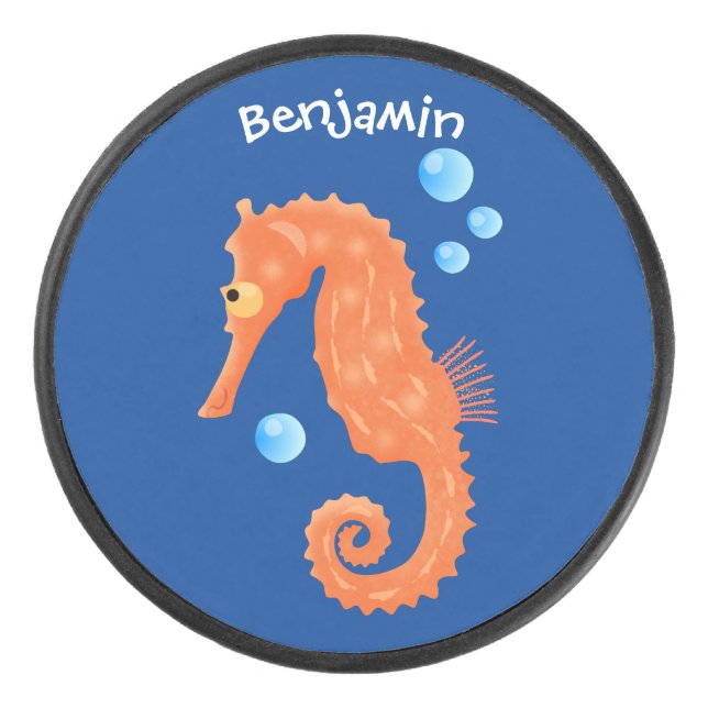 Cute orange seahorse bubbles cartoon illustration hockey puck (Front)