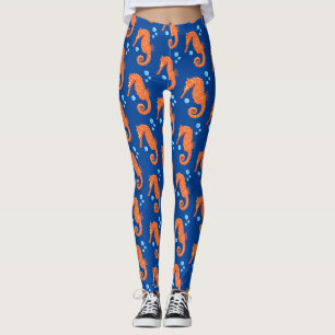 Cute orange seahorse bubbles cartoon illustration leggings